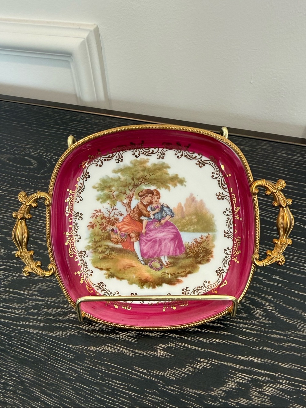 signed Fragonard Limoges porcelain dish with romantic scene
